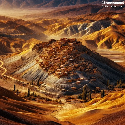 Auf einem Berg liegt eine kleine Stadt, deren Gebäude sich in die natürliche Landschaft einfügen. Ausgetrocknete Täler durchschneiden die Hochebene.